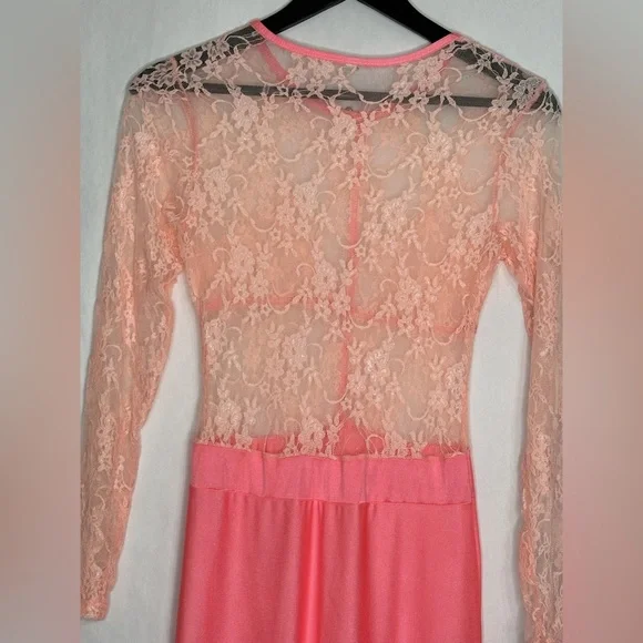 Vintage Sheer Lace Long Sleeve Maxi Dress Flamingo Pink Size Medium Romantic - Picture 6 of 10
